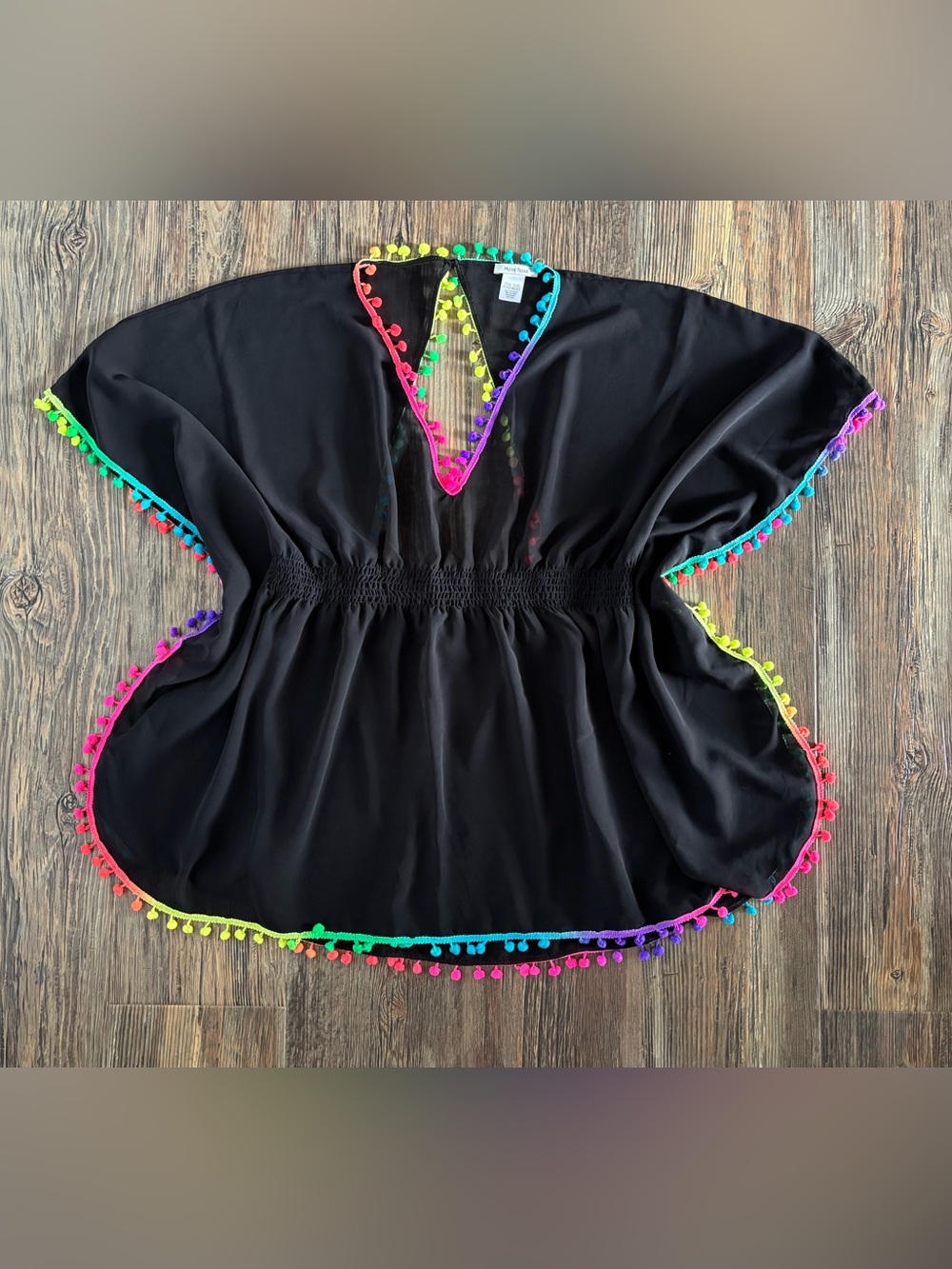 Moss Rose Beach Kaftan Swimsuit Coverup OSFM Black Chiffon Neon Rainbow Pom Poms